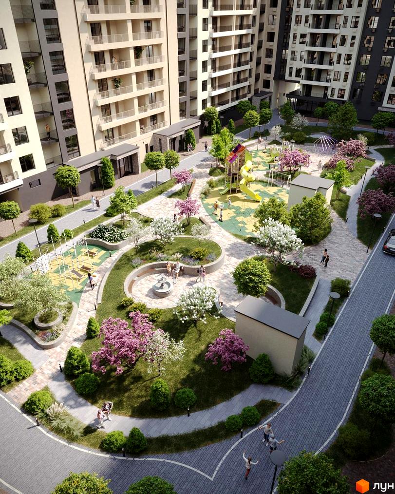 Багатоповерхові будинки Житлового комплексу GARDEN CITY зі світлими фасадами та балконами. Двір облаштований дитячими майданчиками, зеленими зонами та доріжками.