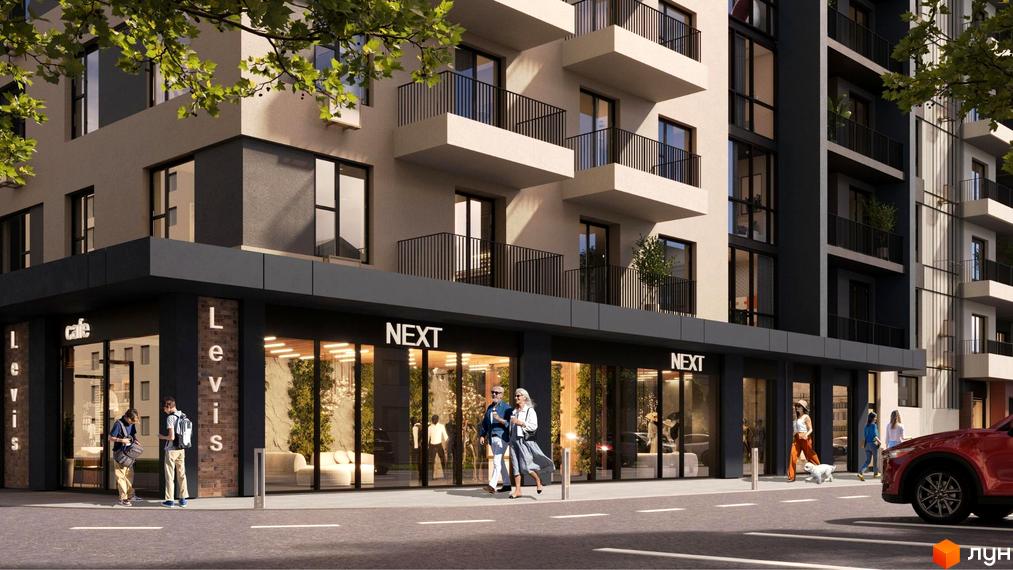 Зображення фасаду будівлі ЖК GARDEN CITY з магазинами на першому поверсі та балконами на верхніх поверхах. На вулиці видно людей та автомобіль.