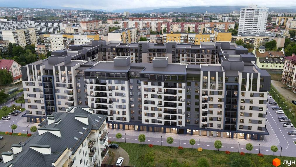 Багатоповерховий будинок ЖК GARDEN CITY з фасадом у сірих та білих тонах. На прибудинковій території висаджені дерева та є парковка для автомобілів.