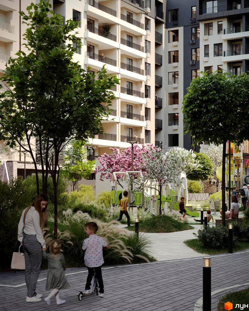Житловий комплекс GARDEN CITY має багатоповерхові будинки зі світлими фасадами та балконами. Прибудинкова територія облаштована зеленими насадженнями, дитячим майданчиком та доріжками.