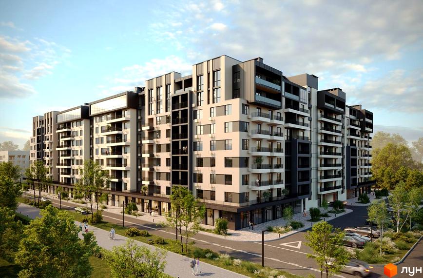 Багатоповерховий будинок ЖК GARDEN CITY з фасадом у світлих тонах, з балконами та вікнами. На території комплексу є зелені насадження та дорога.