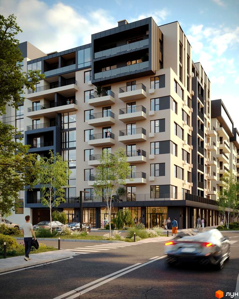 Житловий комплекс GARDEN CITY з бежевим фасадом, темними акцентами та балконами. Навколо зелені насадження, пішохідна зона та дорога.