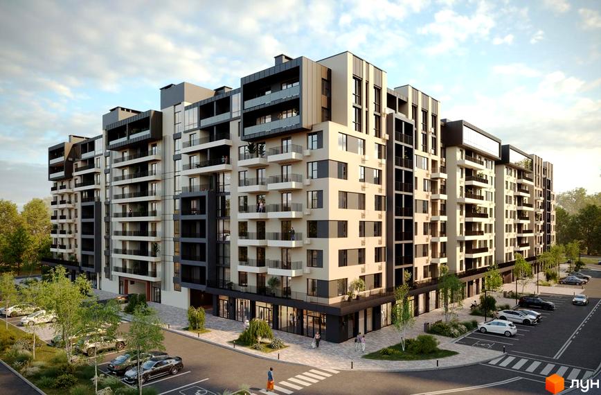 Багатоповерховий будинок ЖК GARDEN CITY з балконами та панорамними вікнами. На території будинку є парковка, зелені насадження та тротуари.
