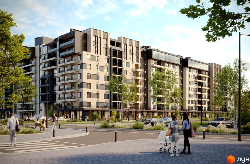 Високоповерховий будинок Житловий комплекс GARDEN CITY з панорамними вікнами та балконами. На прибудинковій території зелені насадження, тротуар та місця для паркування.