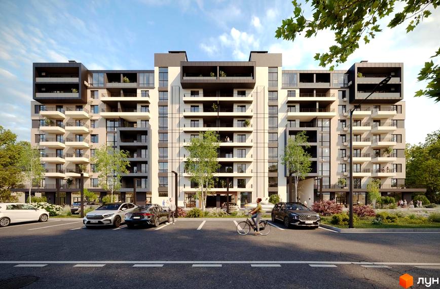 Фасад багатоповерхового будинку Житловий комплекс GARDEN CITY з балконами та великими вікнами. Перед будинком розташований паркінг з автомобілями та зелені насадження.