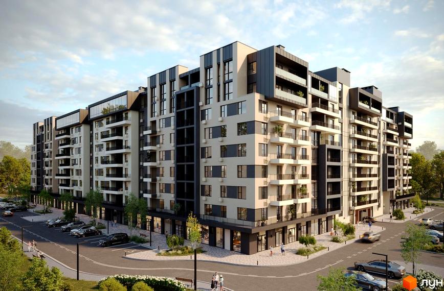 Житловий комплекс GARDEN CITY: багатосекційний будинок зі світло-темним фасадом, балконами та облаштованою прибудинковою територією з парковками і зеленню.