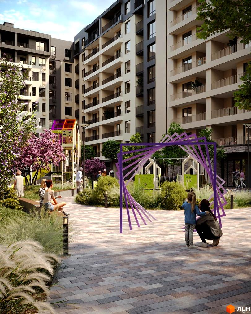 Житловий комплекс GARDEN CITY з багатоповерховими будинками світлих відтінків та темними балконами. У дворі облаштований дитячий майданчик та зелені насадження.