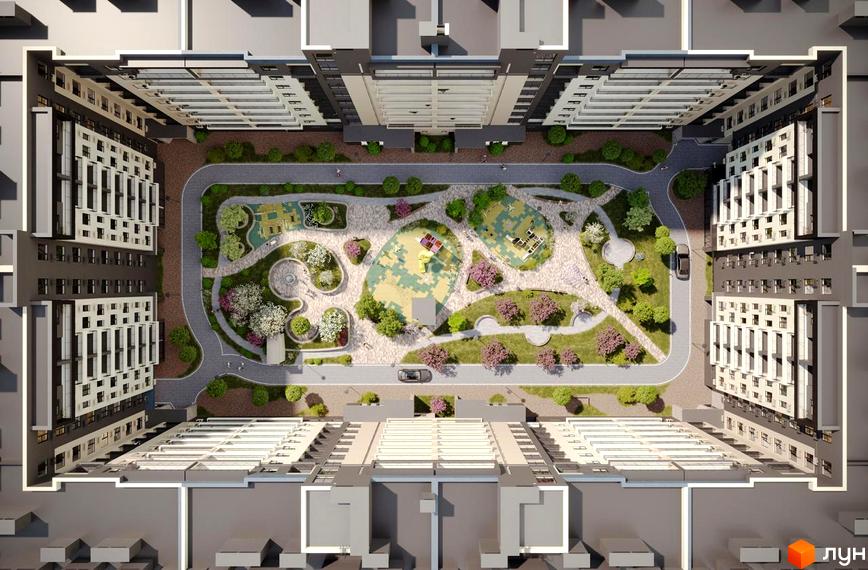 Житловий комплекс GARDEN CITY. Багатоповерхові будинки оточують внутрішній двір з ігровими майданчиками, зеленими насадженнями та доріжками.
