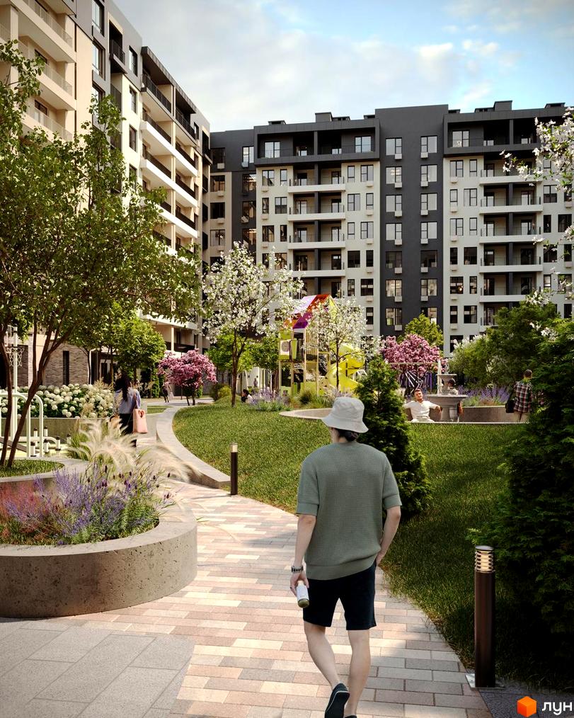 Житловий комплекс GARDEN CITY: будинки світлих і темних фасадів. Озеленена територія з доріжками, квітучими деревами та дитячим майданчиком.