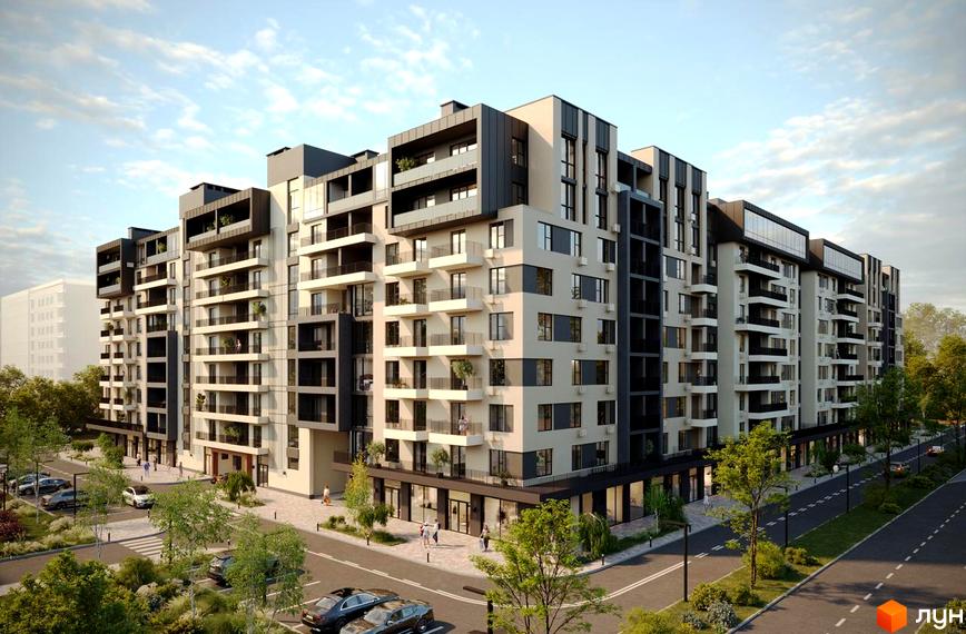 Житловий комплекс GARDEN CITY: багатоповерхові будинки світлих тонів з темними елементами. На перших поверхах магазини, поруч дорога, зелень та пішохідні доріжки.