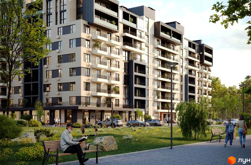 Житловий комплекс GARDEN CITY з багатоповерховими будинками світлих та темних відтінків. Навколо будівель зелена територія з деревами, доріжками та людьми.