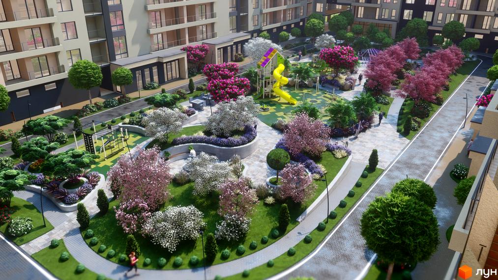Житловий комплекс GARDEN CITY: світлі багатоповерхові будинки з балконами. Двір облаштовано дитячими та спортивними майданчиками, квітучими деревами та зеленими зонами.