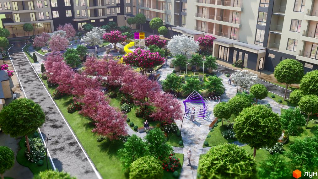 Житловий комплекс GARDEN CITY з будинками світлих та темних тонів, оточений квітучими деревами та зонами відпочинку.
