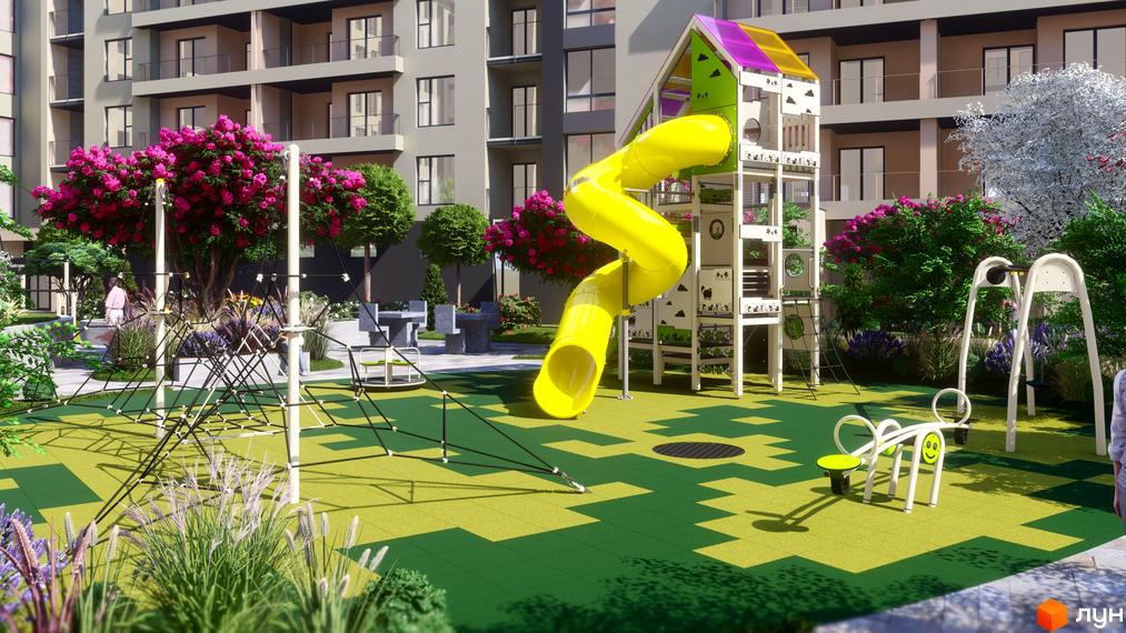 Багатоповерховий житловий будинок з балконами та дитячий майданчик з жовтою гіркою, гойдалками, оточений квітучими деревами Житлового комплексу GARDEN CITY.