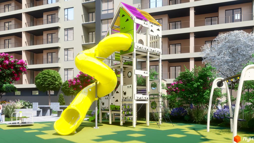 Житловий комплекс GARDEN CITY: багатоповерховий будинок зі світлим фасадом, прибудинкова територія з яскравим дитячим майданчиком та зеленню.