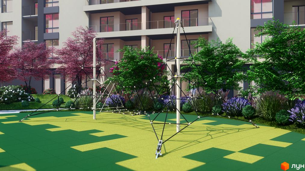 Багатоповерховий будинок Житлового комплексу GARDEN CITY зі світлим фасадом. Прибудинкова територія з дитячим майданчиком та різнокольоровими деревами.