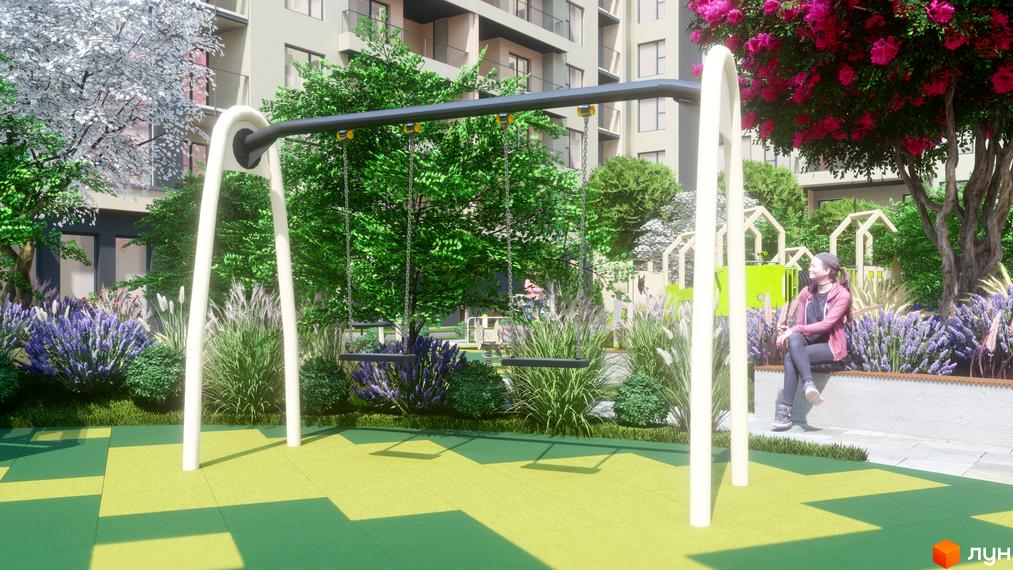 Житловий комплекс GARDEN CITY: багатоповерхові будинки, дитячий майданчик з гойдалками та доглянута зелена територія.