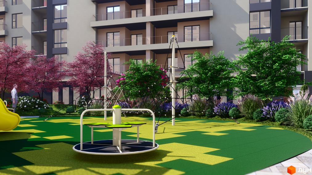 Житловий комплекс GARDEN CITY з багатоповерховими будинками світлого кольору та темними балконами. На прибудинковій території дитячий майданчик з гіркою, каруселлю та зеленими насадженнями.