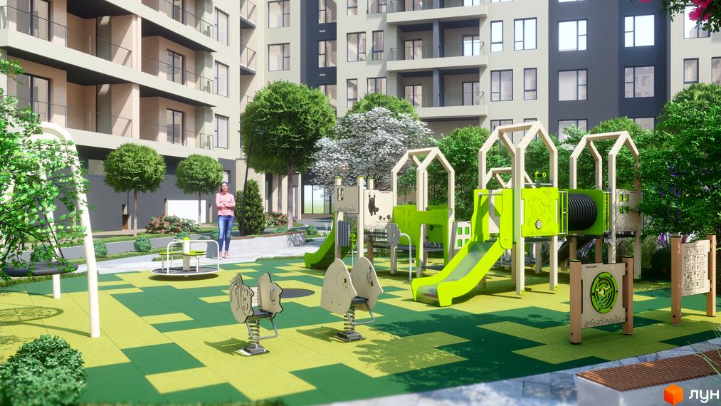 Житловий комплекс GARDEN CITY: багатоповерховий будинок з бежевими та сірими фасадами, балконами. Прибудинкова територія з яскравим дитячим майданчиком.