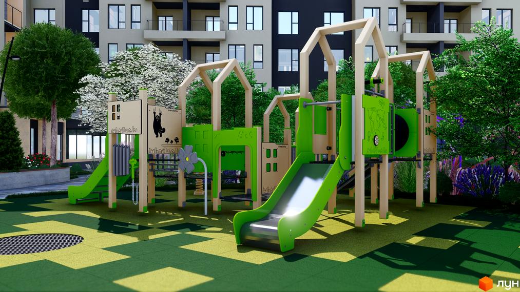 Житловий комплекс GARDEN CITY: багатоповерховий будинок світлого кольору з темними вставками та яскравий дитячий майданчик з гірками.