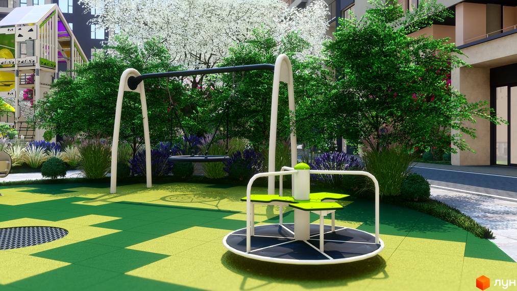 Будинок Житлового комплексу GARDEN CITY зі світлими фасадами. Поруч облаштований дитячий майданчик з гойдалками, каруселлю та зеленими насадженнями.