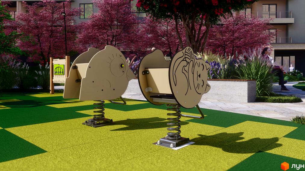 Багатоповерховий будинок Житлового комплексу GARDEN CITY з балконами та яскравий дитячий майданчик з ігровими елементами серед квітучих дерев.