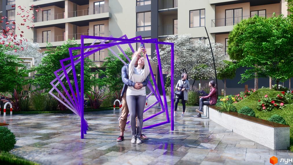 Житловий комплекс GARDEN CITY з багатоповерховими будинками світлих відтінків та облаштованою територією з деревами, кущами, квітами та фіолетовою інсталяцією.