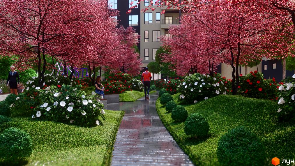 Фасади багатоповерхових будинків Житлового комплексу GARDEN CITY на фоні доглянутого парку з квітучими рожевими деревами, зеленими газонами та пішохідними доріжками.