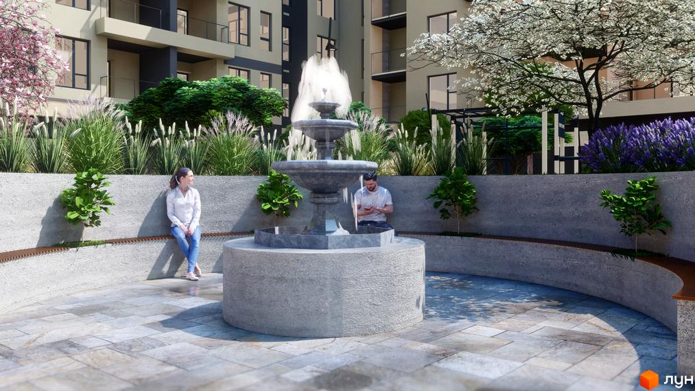 Фасади багатоповерхового будинку світлих тонів. Двір Житлового комплексу GARDEN CITY має фонтан, ландшафтне озеленення та зони відпочинку.