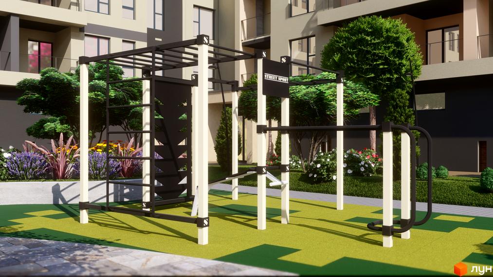 Житловий комплекс GARDEN CITY: багатоповерховий будинок світлих тонів з балконами, на території спортивний майданчик та озеленення.