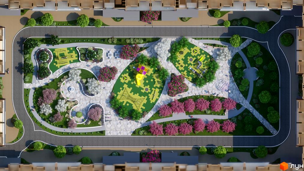 Житловий комплекс GARDEN CITY з висоти пташиного польоту. Доглянута прибудинкова територія має дитячі майданчики, зелені насадження та пішохідні доріжки.