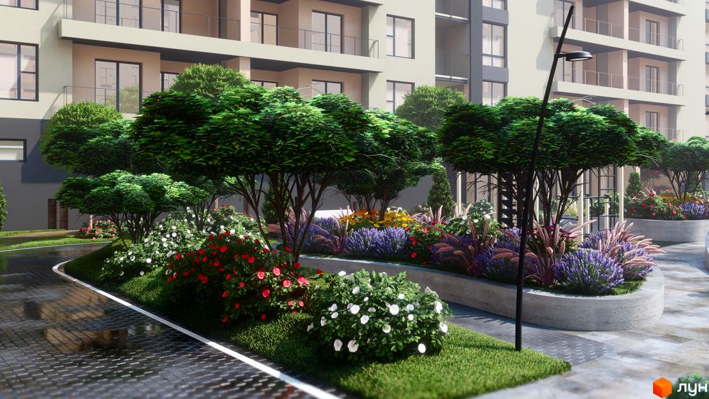 Житловий комплекс GARDEN CITY з багатоповерховими будинками світлого кольору та доглянутою прибудинковою територією з деревами, кущами та різнокольоровими квітами.