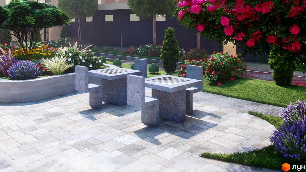 Житловий комплекс GARDEN CITY: фасад будинку з темною обробкою, прибудинкова територія з кам'яними шаховими столами, газонами та квітниками.