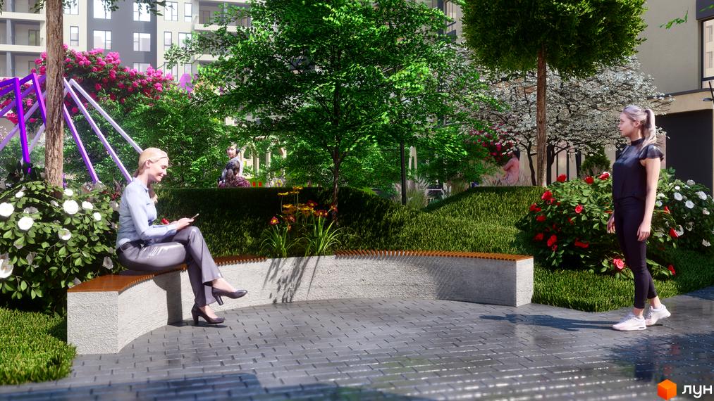 Житловий комплекс GARDEN CITY: багатоповерхові будинки зі світлими фасадами та доглянута прибудинкова територія з зеленими насадженнями та зонами відпочинку.