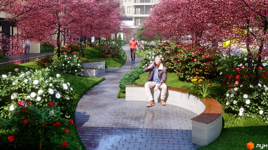 Новобудова GARDEN CITY: багатоповерховий будинок зі світлим фасадом, а також озеленена територія з квітучими деревами, доріжками та лавками.