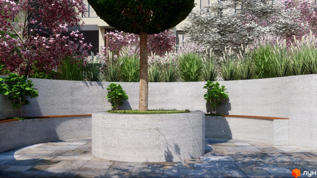 Фасад Житлового комплексу GARDEN CITY частково видно за доглянутим двором з бетонними клумбами, деревами та лавками. Територія озеленена квітучими деревами та декоративними травами.