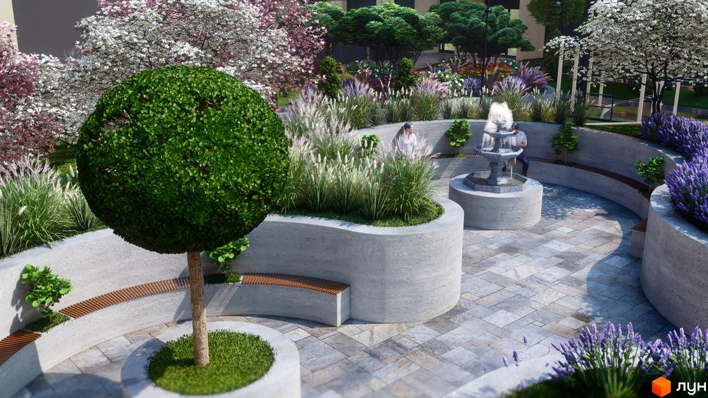 Прибудинкова територія Житлового комплексу GARDEN CITY. Вона включає ландшафтний дизайн з фонтаном, деревами, квітучими кущами та доріжками.