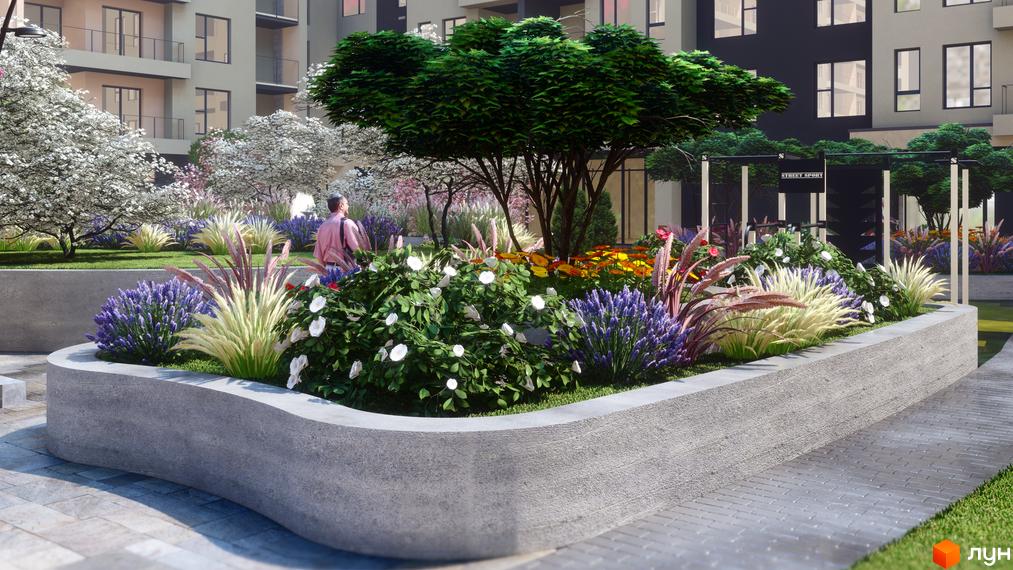 Житловий комплекс GARDEN CITY: багатоповерхові будинки зі світлими та темними фасадами, доглянута територія з квітами, деревами та спортивною зоною.
