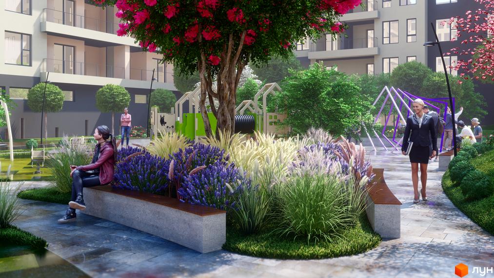 Житловий комплекс GARDEN CITY: світлі багатоповерхові будинки з балконами, озеленена територія, квітучі дерева та дитячий майданчик.