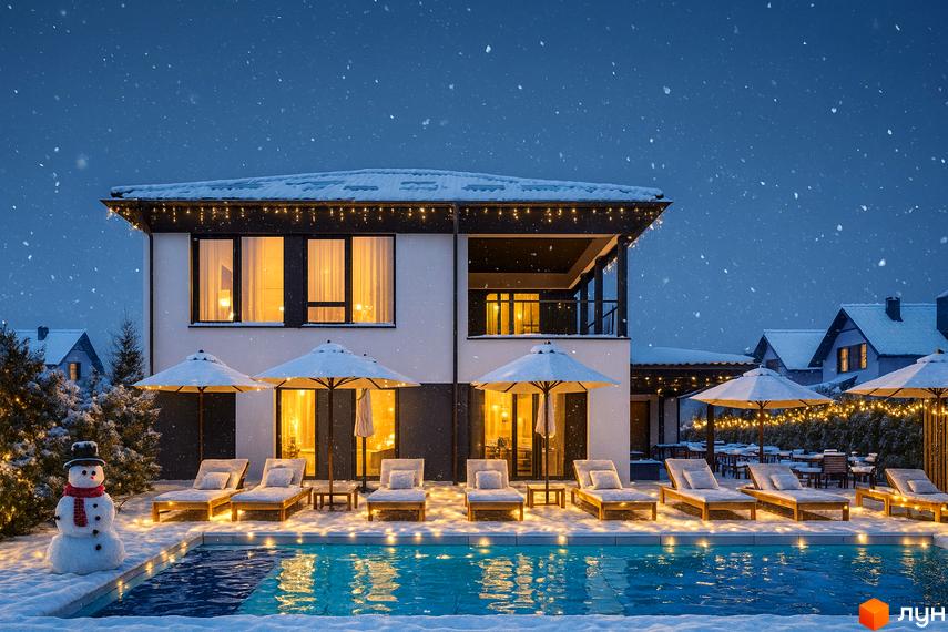 Двоповерховий будинок зі світлими стінами, гірлянди. Засніжений басейн, шезлонги, сніговик. КМ Буде Дім. Годовиця SPA.
