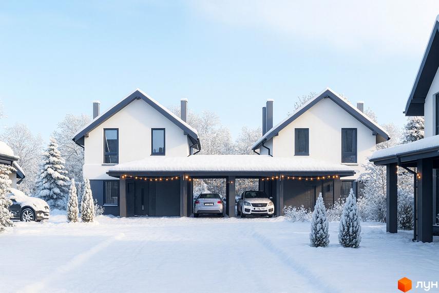 Котеджне містечко Буде Дім. Годовиця SPA: два двоповерхові будинки з білими фасадами та темними дахами, з'єднані навісом для авто. Зимовий пейзаж з засніженими деревами.