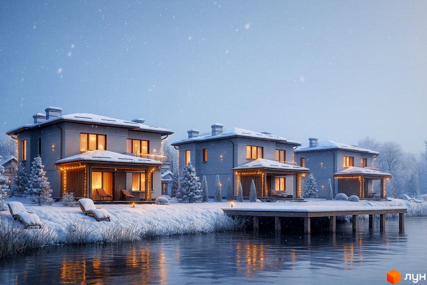 Котеджне містечко Буде Дім. Деревач: двоповерхові будинки зі снігом на дахах та теплим світлом у вікнах. Зимовий пейзаж біля водойми з пірсом та засніженими деревами.