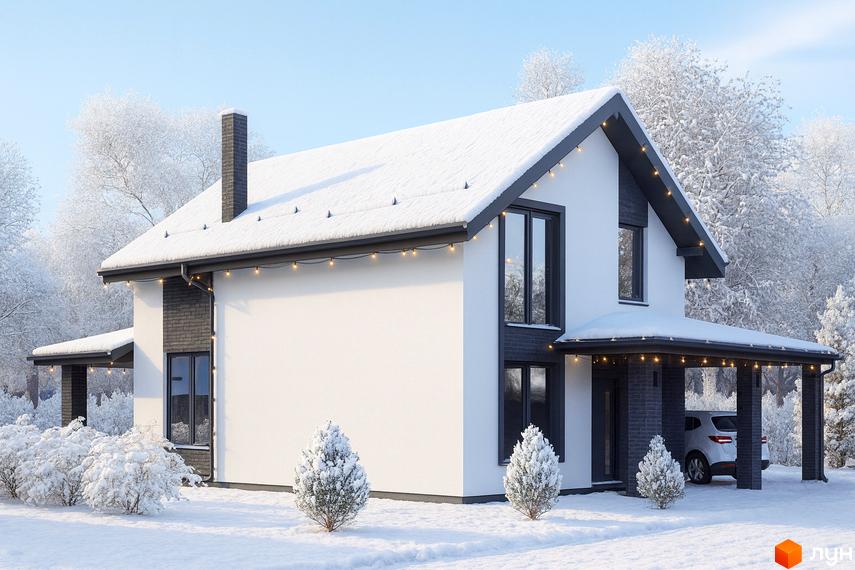 Котеджне містечко Буде Дім. Годовиця SPA: Білий двоповерховий будинок з темним дахом, цегляними акцентами та гірляндами. Навколо засніжена територія з кущами та деревами.