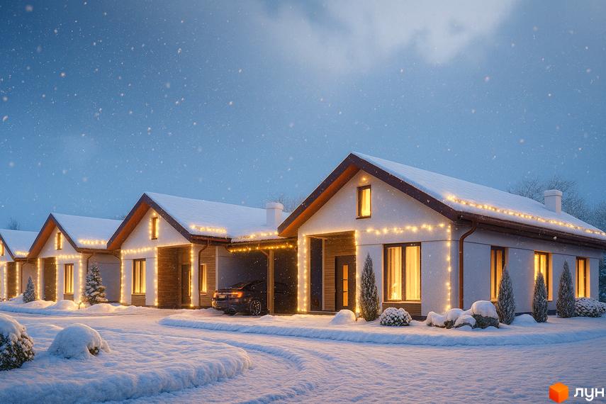 Котеджне містечко Буде Дім. Деревач: одноповерхові будинки з коричневими дахами, прикрашені гірляндами, освітлені з вікон. Засніжена територія.