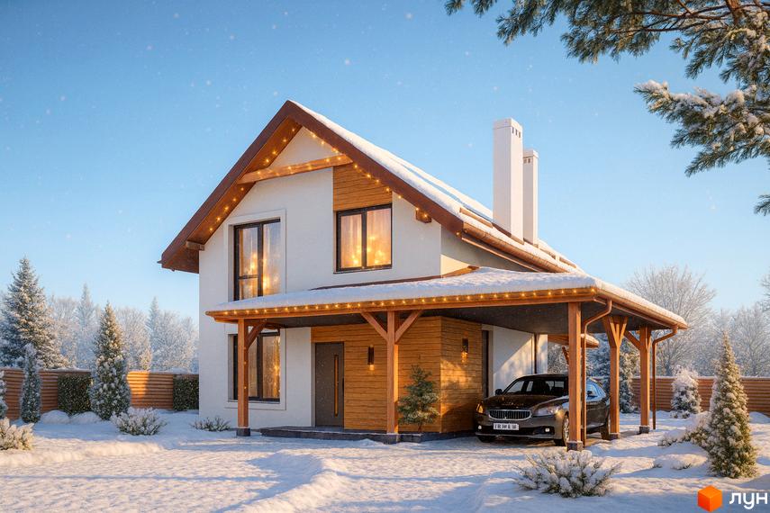 Котеджне містечко Буде Дім. Деревач: білий будинок з дерев'яними елементами та коричневим дахом, прикрашений гірляндами. Засніжена територія з деревами та автомобілем.
