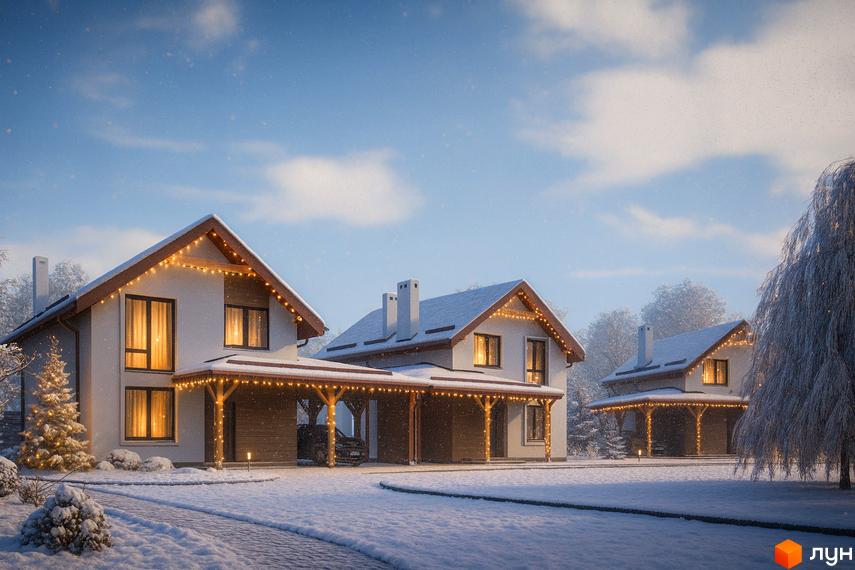 Три двоповерхові котеджі з похилими дахами, вкритими снігом, прикрашені гірляндами. Засніжена прибудинкова територія з доріжками та деревами.