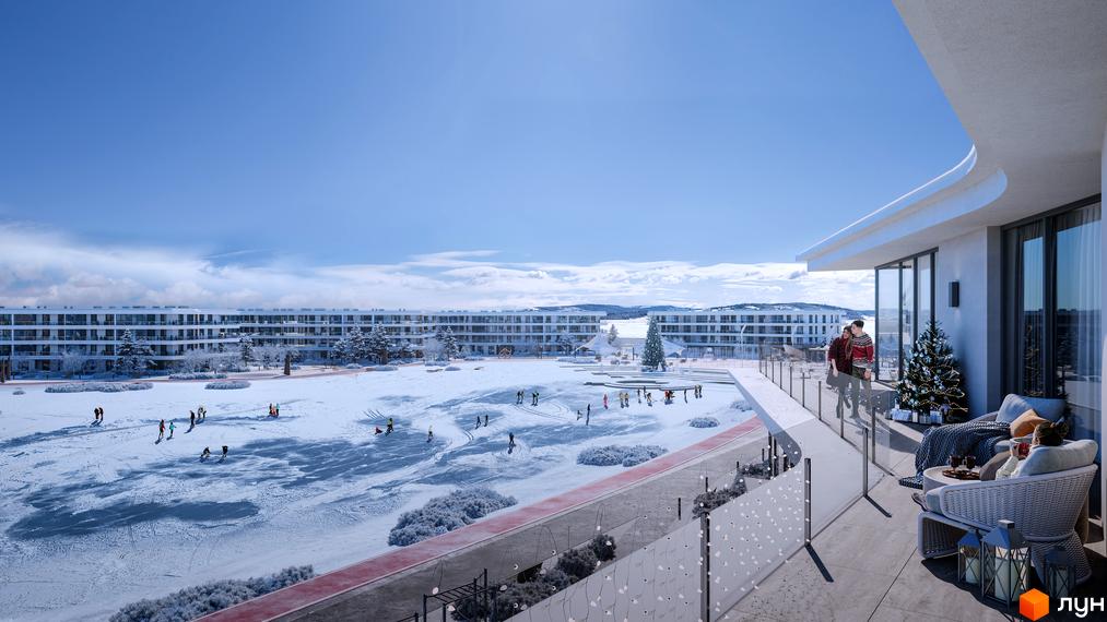 Житловий комплекс Park Lake City: білі багатоповерхові будинки та зимовий двір із замерзлим озером, де катаються люди.