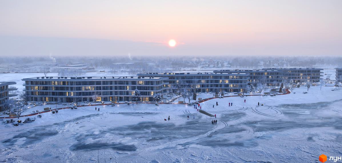 Житловий комплекс Park Lake City: світлі будинки на березі замерзлого озера в зимовий день, з людьми на снігу та льоду.