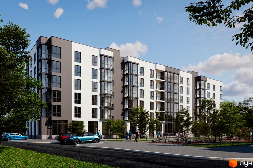 Житловий комплекс Green House Калинів: біло-сіра будівля з великими вікнами. Прибудинкова територія має зелені насадження та парковку.