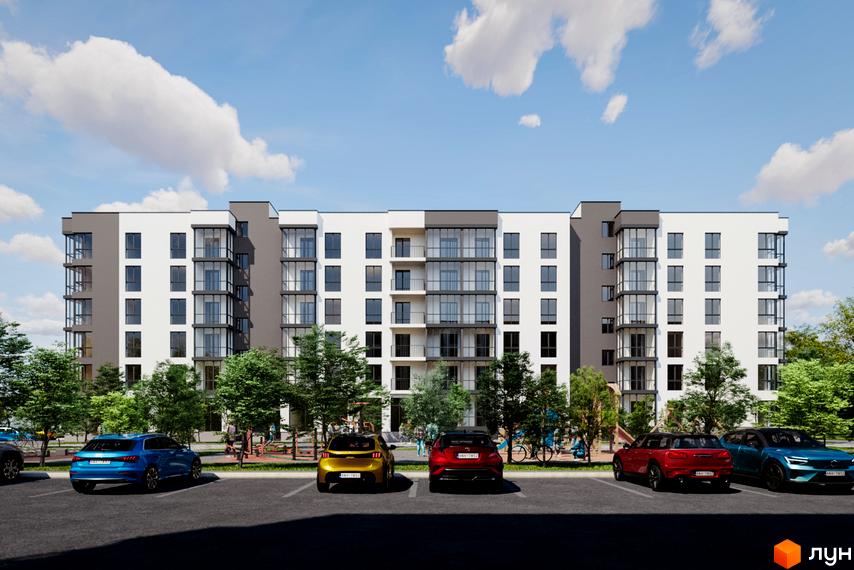 Житловий комплекс Green House Калинів з біло-сірим фасадом та великими вікнами. Перед будинком розташований паркінг та зелена зона з деревами.